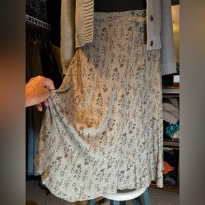 Blue Sky Botanical Side Button Flowy Midi Skirt in Linen and Bamboo